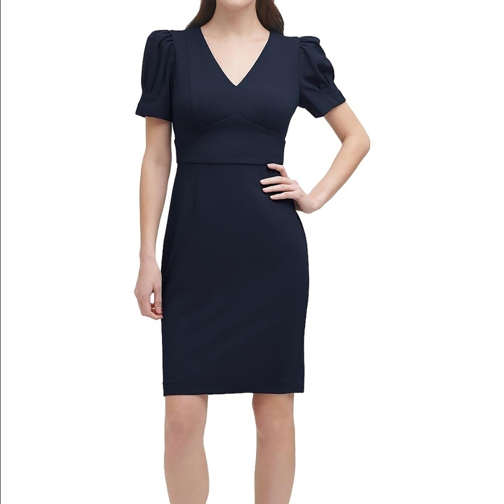 DKNY Navy Puff Sleeve Midi Dress